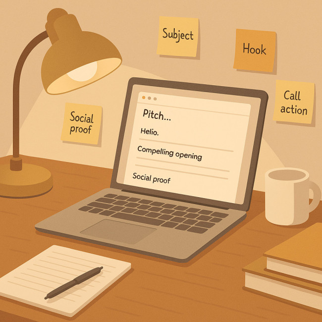 Illustration d'un email de pitch sur un bureau d'auteur