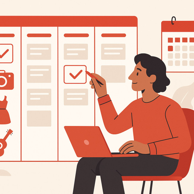 Illustration d'un créatif organisant son calendrier de mises à jour