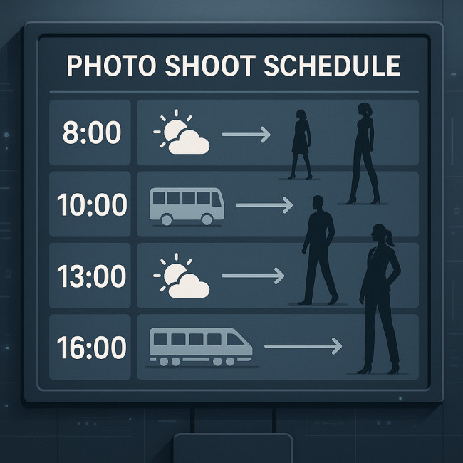 Planning visuel d'un shooting avec météo et déplacements