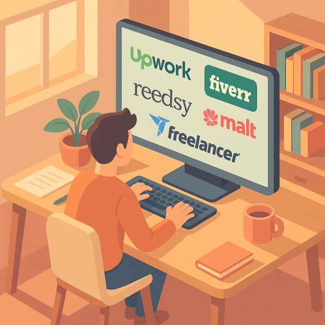 Illustration d'un auteur freelance explorant diverses plateformes en ligne