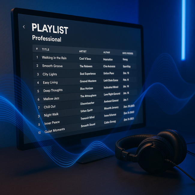 Visuel d'une playlist démo affichée sur un écran de studio