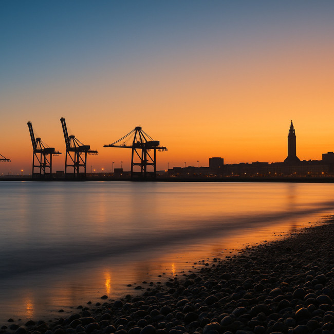 Panorama du port du Havre entre créneau bleu et heure dorée