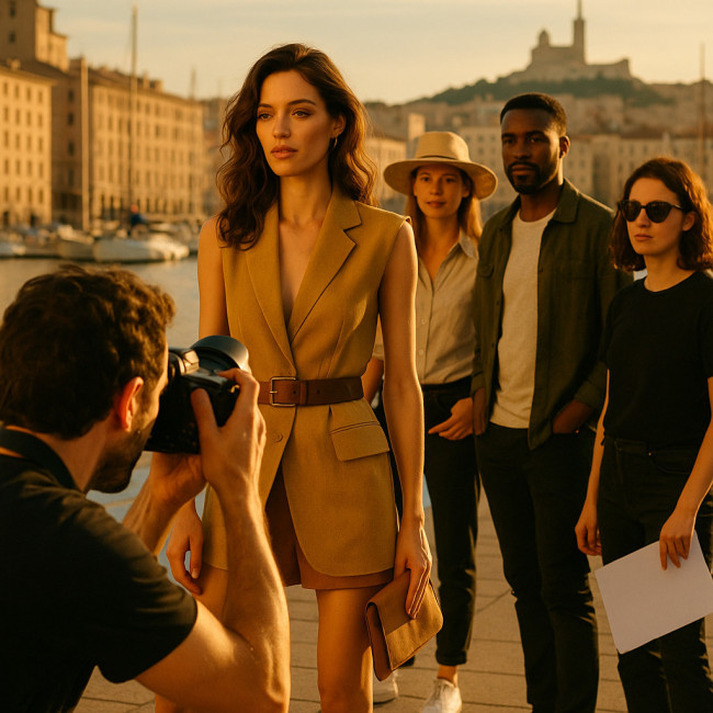 photographe mode bilingue en shooting au Vieux-Port de Marseille