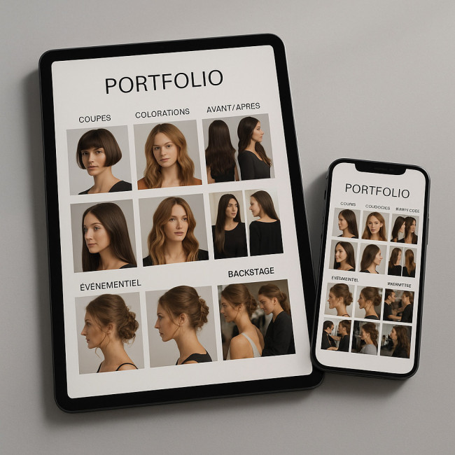 Mock-up d'un portfolio coiffeur bien catégorisé.