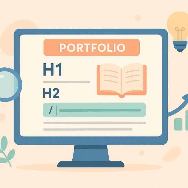 Infographie d'un portfolio littéraire et de balises SEO