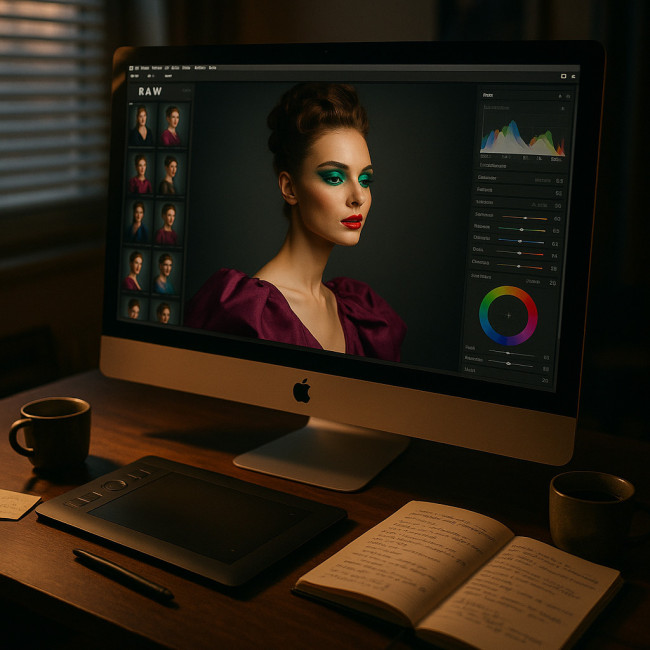 Écran montrant la retouche maquillage en post-production