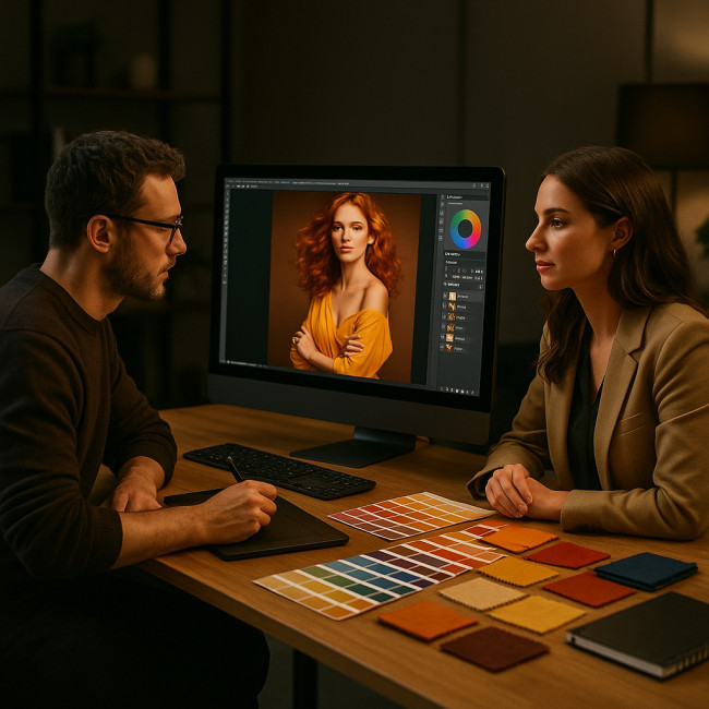 Binôme styliste et retoucheur harmonisant les couleurs en post-production