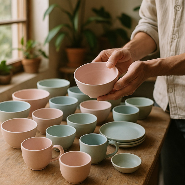 Atelier de céramiste présentant une collection en précommande