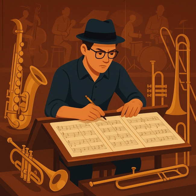Arrangeur préparant des partitions de big band
