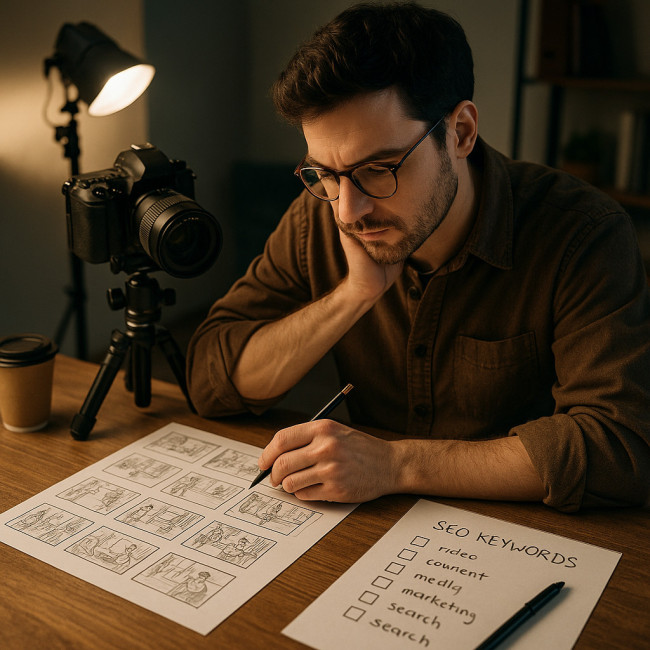 Créateur élaborant un storyboard et réglant sa caméra