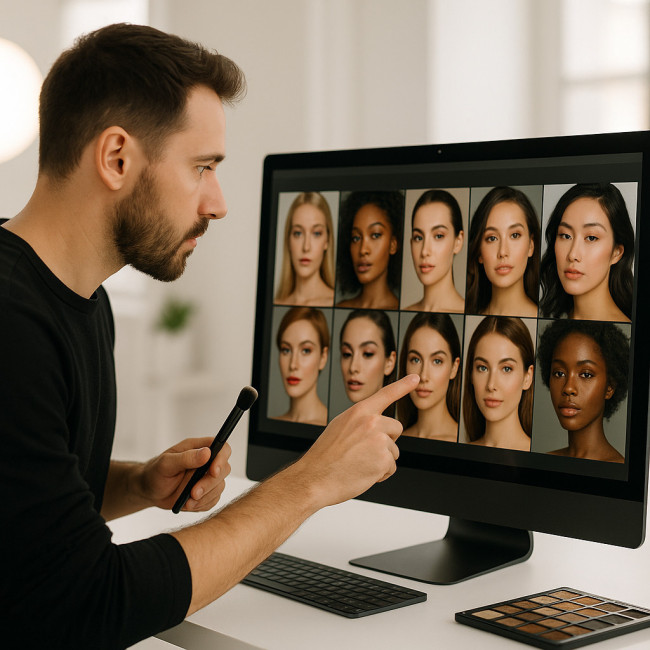 maquilleur sélectionnant des images sur écran