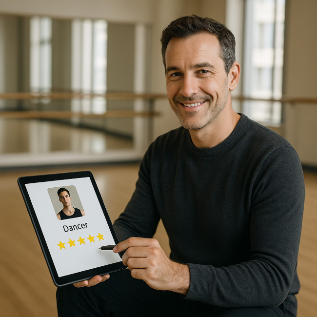 Chorégraphe rédigeant un avis positif sur tablette