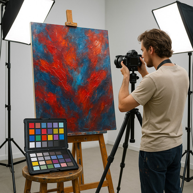 Peintre photographiant une toile à l'aide d'une charte couleur