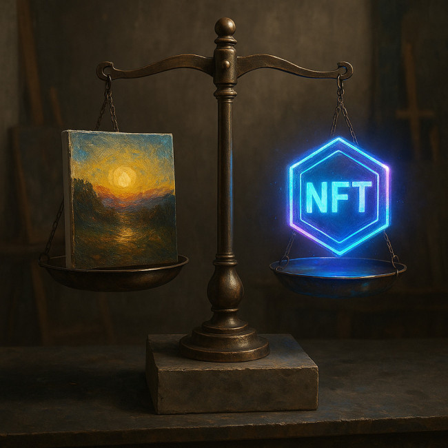 Balance illustrant l'équilibre de prix entre toile et NFT