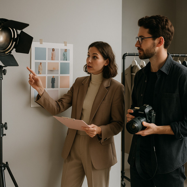 Styliste et photographe collaborant sur un plateau de shoot éditorial