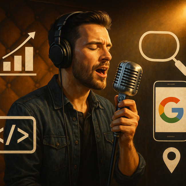 Illustration d'un chanteur en studio entouré d'icônes SEO