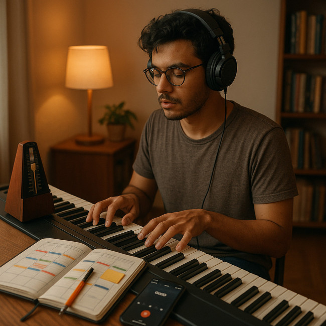 Musicien autodidacte travaillant avec un métronome et un journal de bord