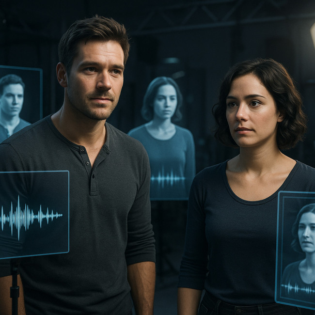 Acteurs surveillant leurs clones numériques sur plateau