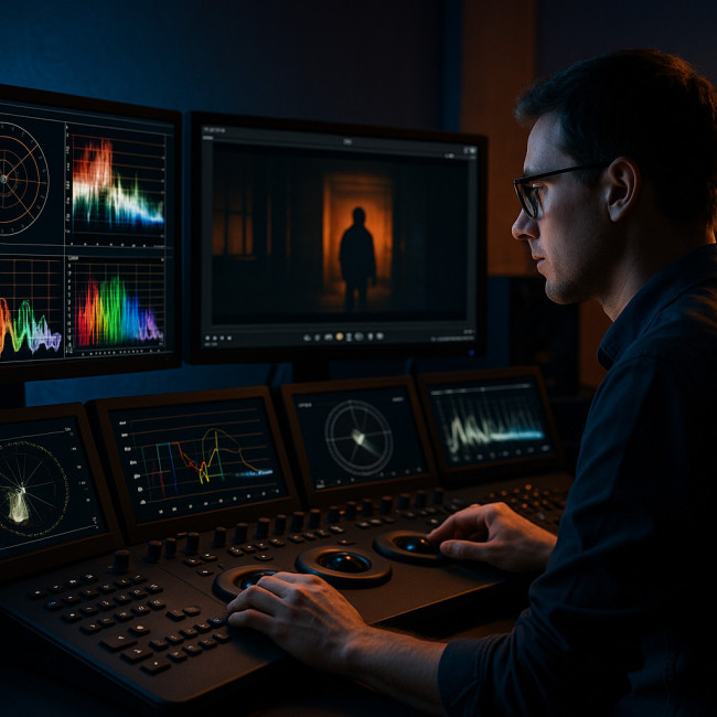 Coloriste contrôlant les scopes dans un studio d'étalonnage