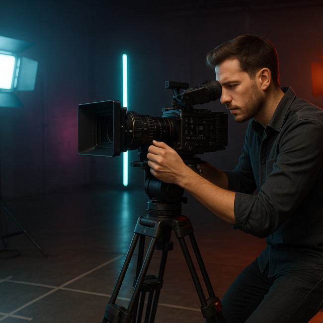 Vidéaste professionnel réglant le cadrage d'une caméra sur un plateau de tournage