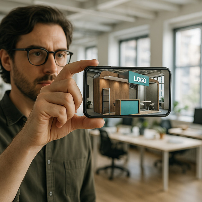 Recruteur visualisant un décor en réalité augmentée sur smartphone