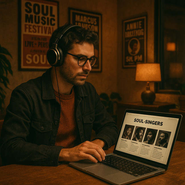 Directeur artistique écoutant des auditions de chanteurs soul sur un annuaire en ligne