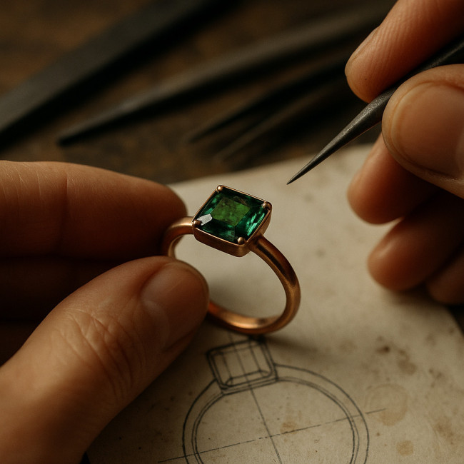 bague en or rose et tourmaline photographiée en macro dans un atelier de créateur