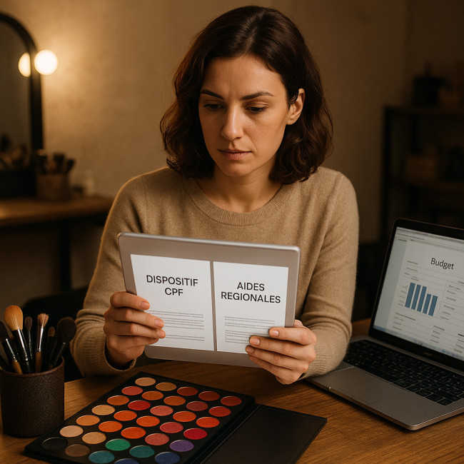 Jeune femme planifiant son financement de reconversion en maquillage