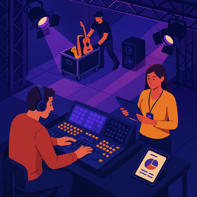 Équipe de production en coulisses préparant un spectacle