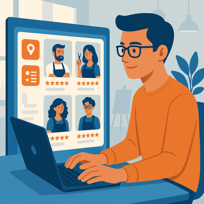 Illustration d'un recruteur filtrant des profils de coiffeurs dans un annuaire en ligne