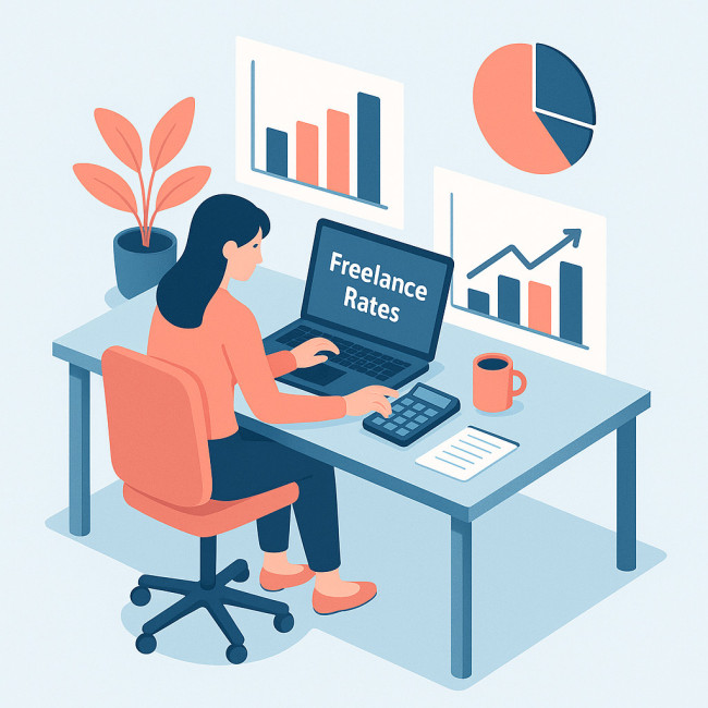 Illustration d'une rédactrice web freelance calculant ses tarifs