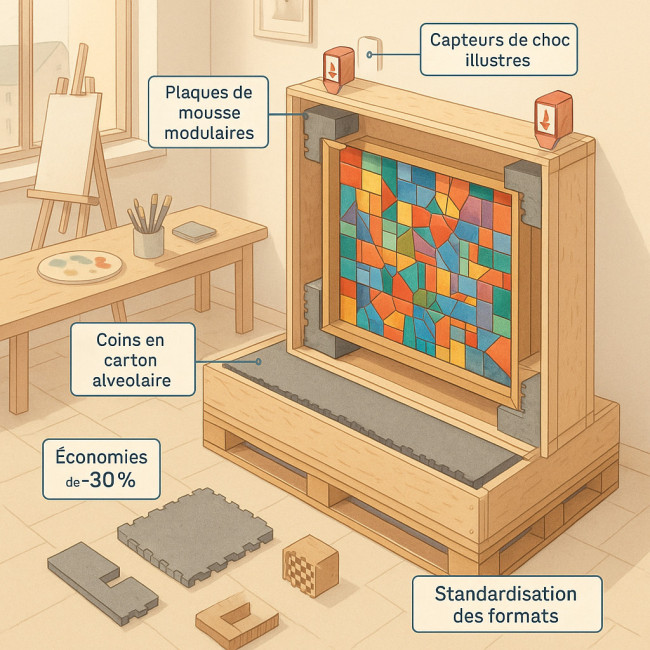 Schéma d'une caisse réutilisable optimisée pour une mosaïque fragile