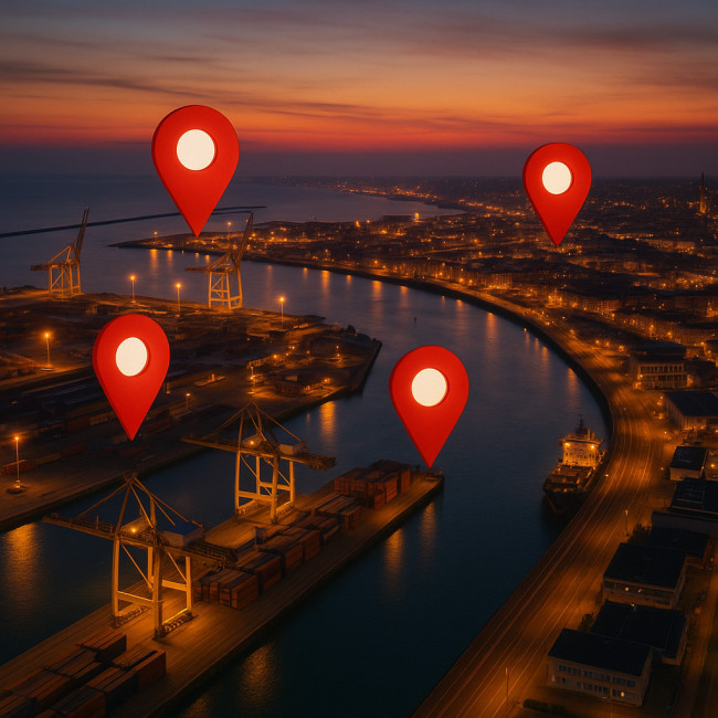 Vue aérienne stylisée du port du Havre avec repères de géolocalisation SEO