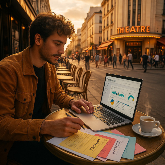 Comédien parisien micro-entrepreneur gérant sa fiscalité sur ordinateur