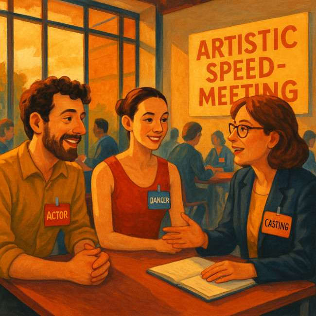 Artistes en discussion avec une directrice de casting lors d'un speed-meeting régional