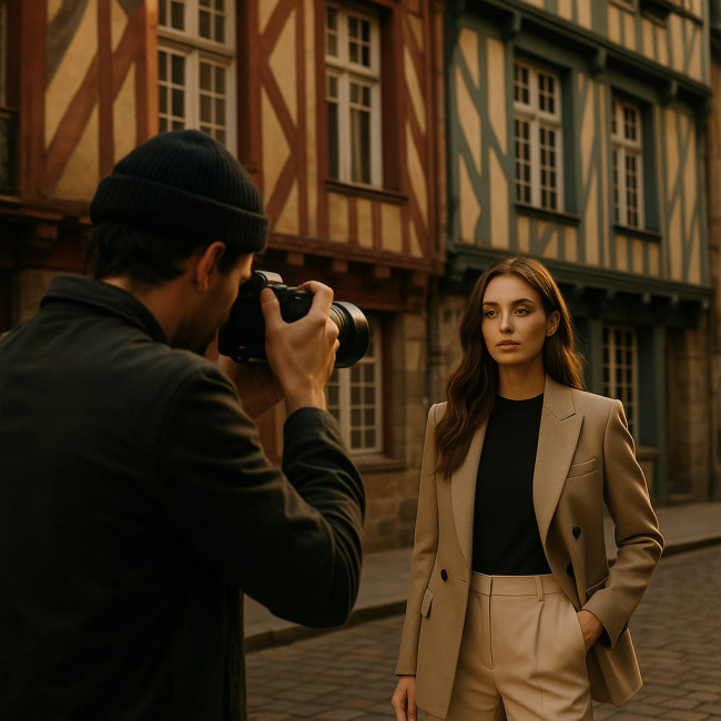Photographe et modèle devant des maisons à pans de bois à Rennes