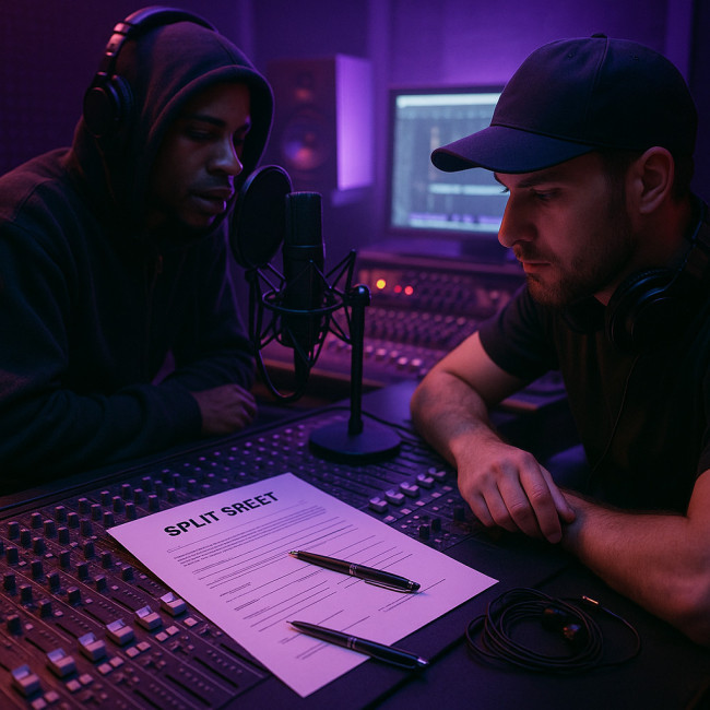 Rappeur et beatmaker signant un accord de split sheet