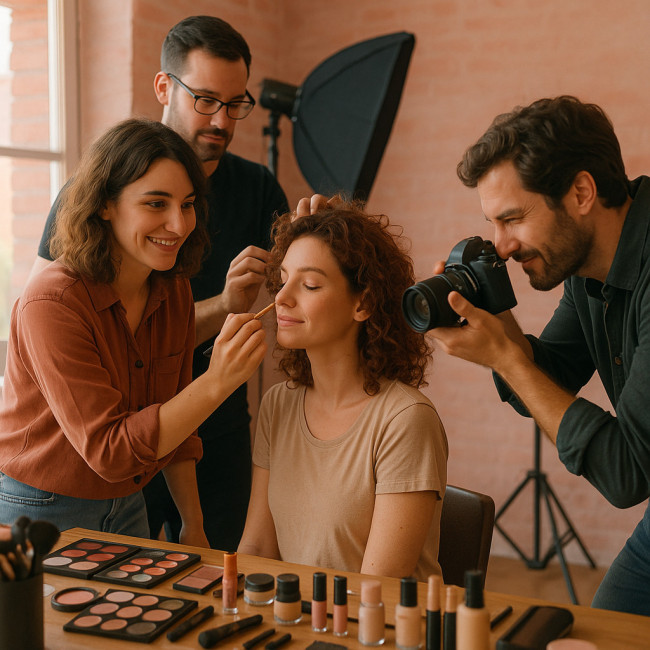 Equipe créative toulousaine en séance maquillage