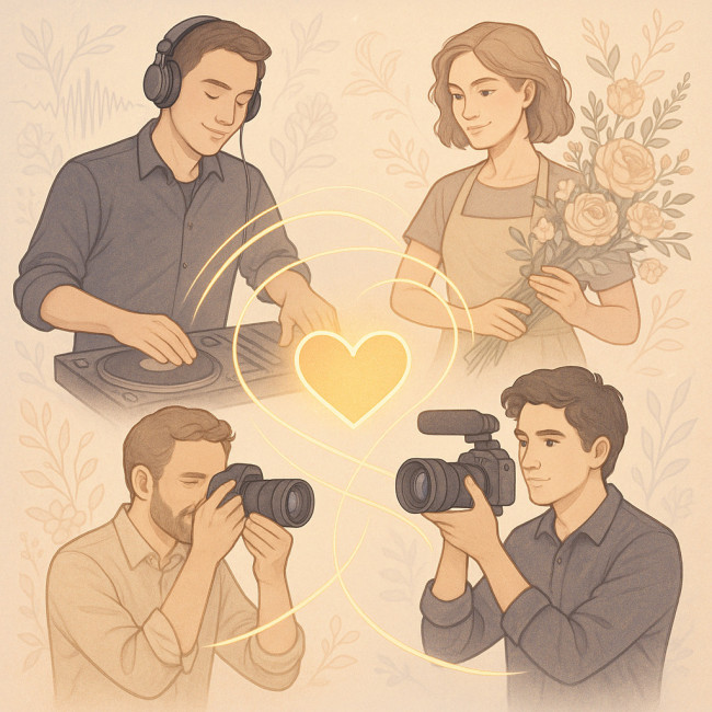 Illustration d'un réseau de prestataires de mariage collaborant