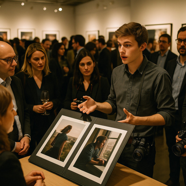 étudiant photographe réseautant dans un vernissage