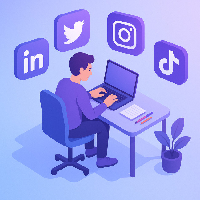 Auteur freelance entouré des logos des réseaux sociaux