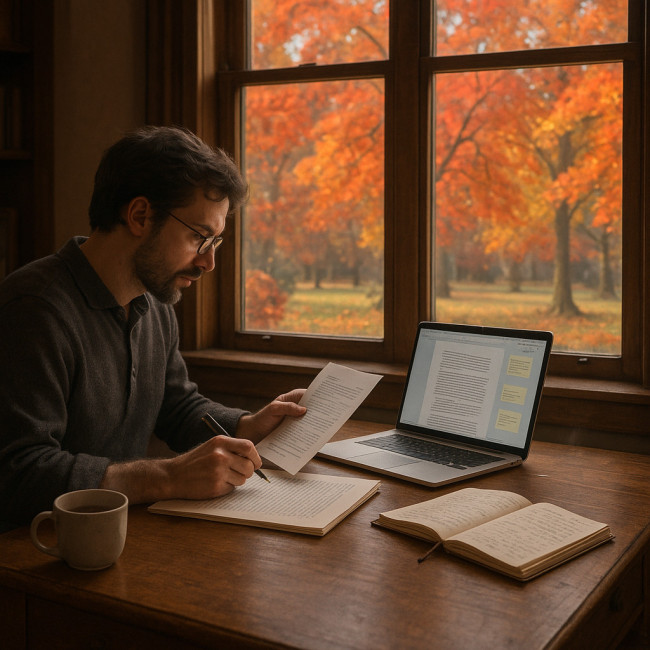 Auteur concentré sur son manuscrit dans une résidence d'écriture