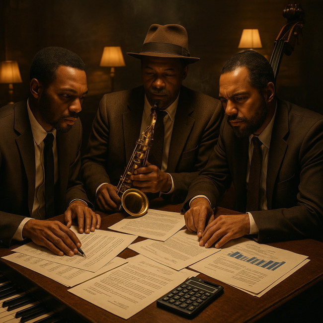 musiciens de jazz négociant les clauses financières d'un contrat