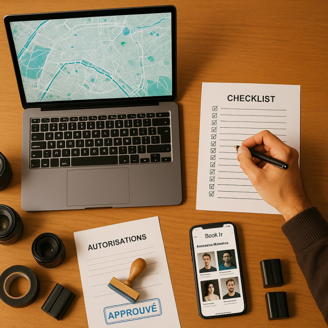 bureau de production avec carte de Paris et checklist