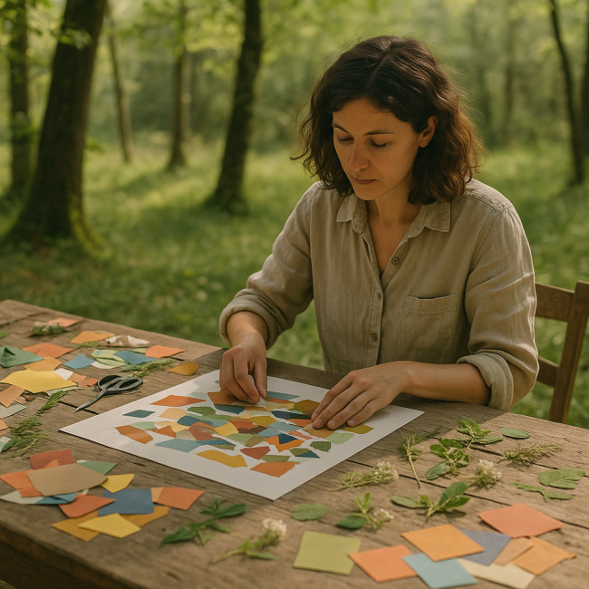 Artiste collagiste en retraite créative au cœur d'une forêt tempérée