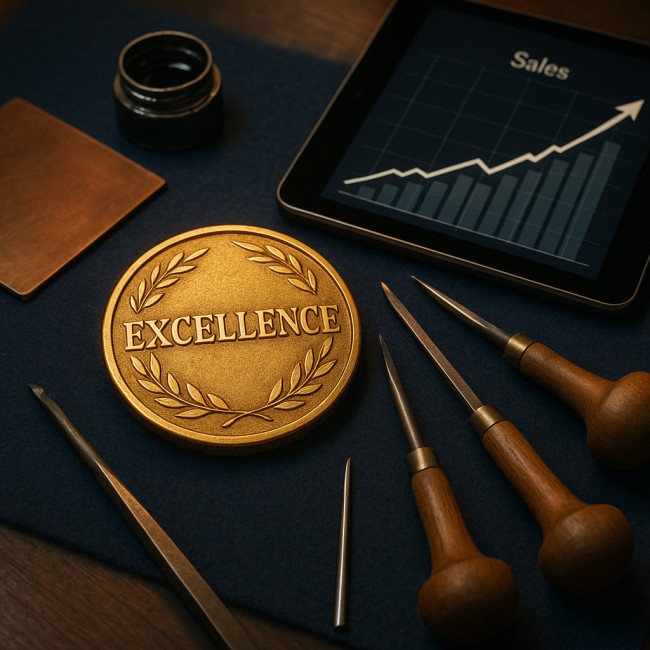 Médaille, outils de gravure et courbe de ventes symbolisant la réussite