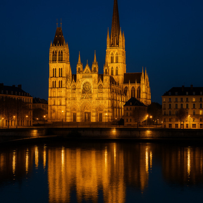 Cathédrale de Rouen illuminée la nuit et reflets sur la Seine