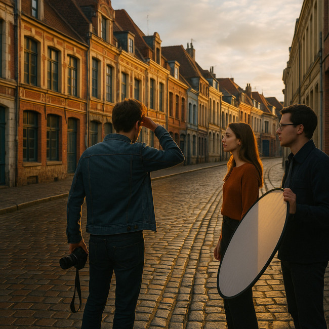 Repérage d'un shooting mode dans une ruelle pavée du Vieux-Lille