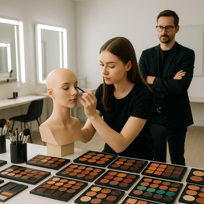Étudiant maquilleur appliquant un maquillage en classe