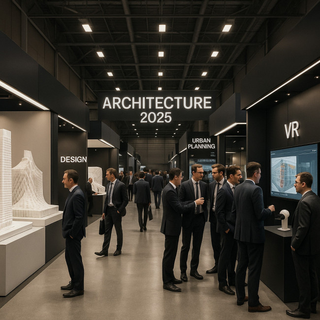 Architectes réseautant dans un grand salon d'architecture